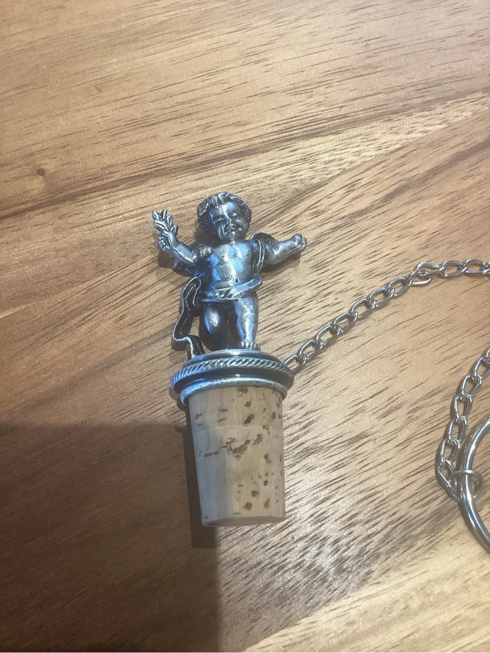 GANZ Silver Cherub Bottle Stopper wine cork with chain. Like new.